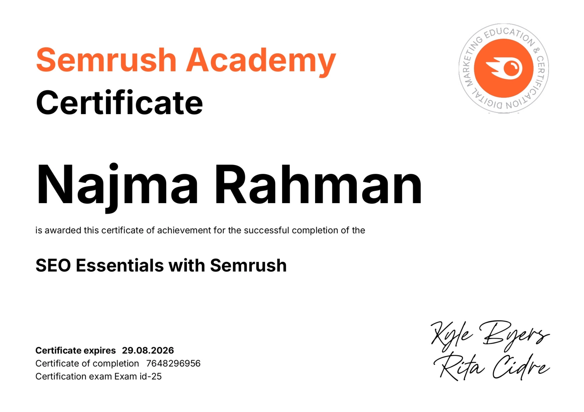 SEO certificate showcasing expertise in search engine optimization
